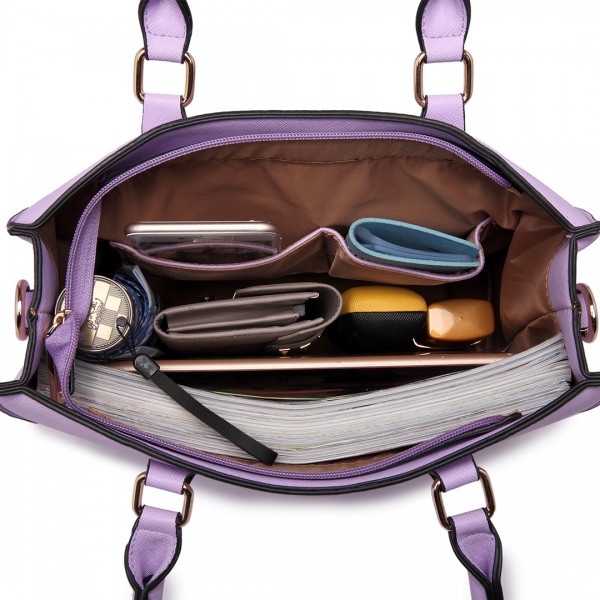 LT1650 - Miss Lulu Textured Leather Look Square Pocket Shoulder Handbag Lilac